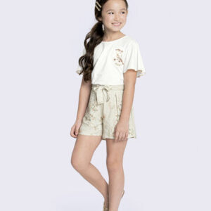 Conjunto Infantil Menina Shorts Estampado E Blusa Bordada Tamanho 4